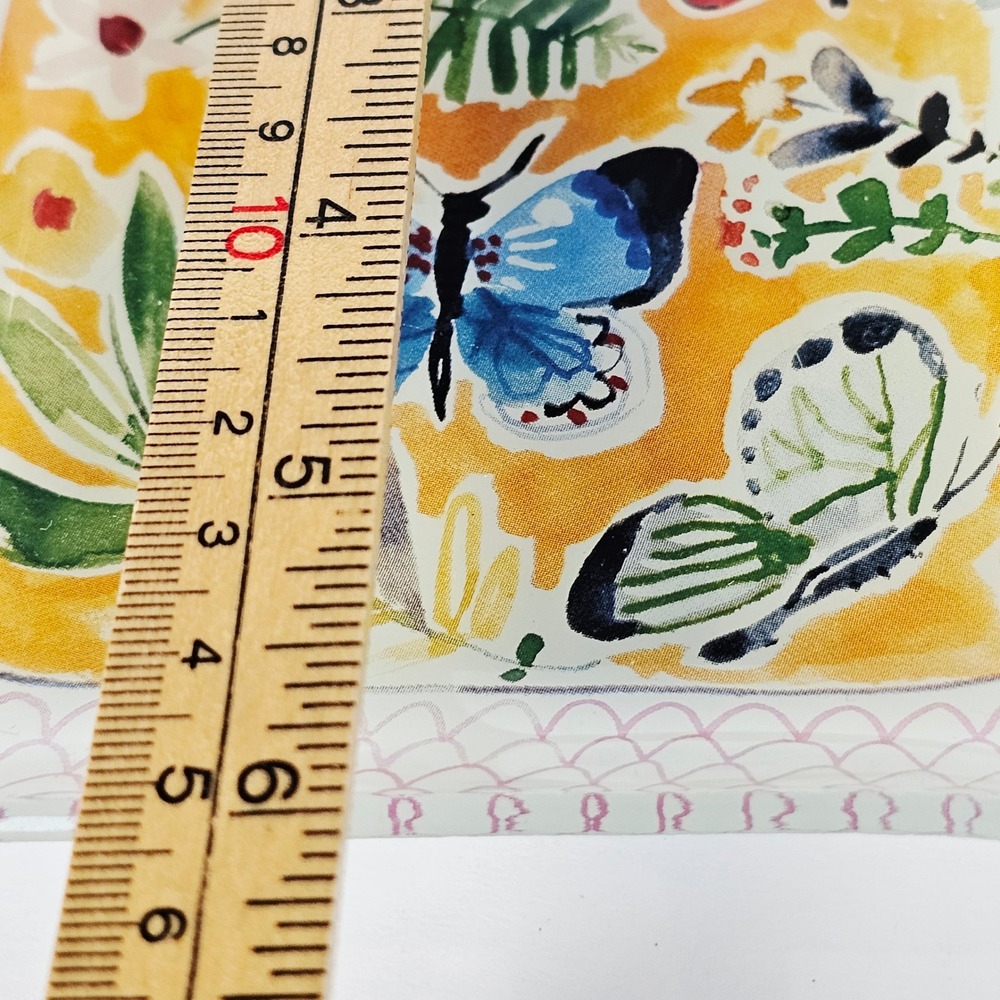Butterfly Floral Glass Trinket Dish Yellow Rectangular Vanity Tray Decor - Picture 7 of 8